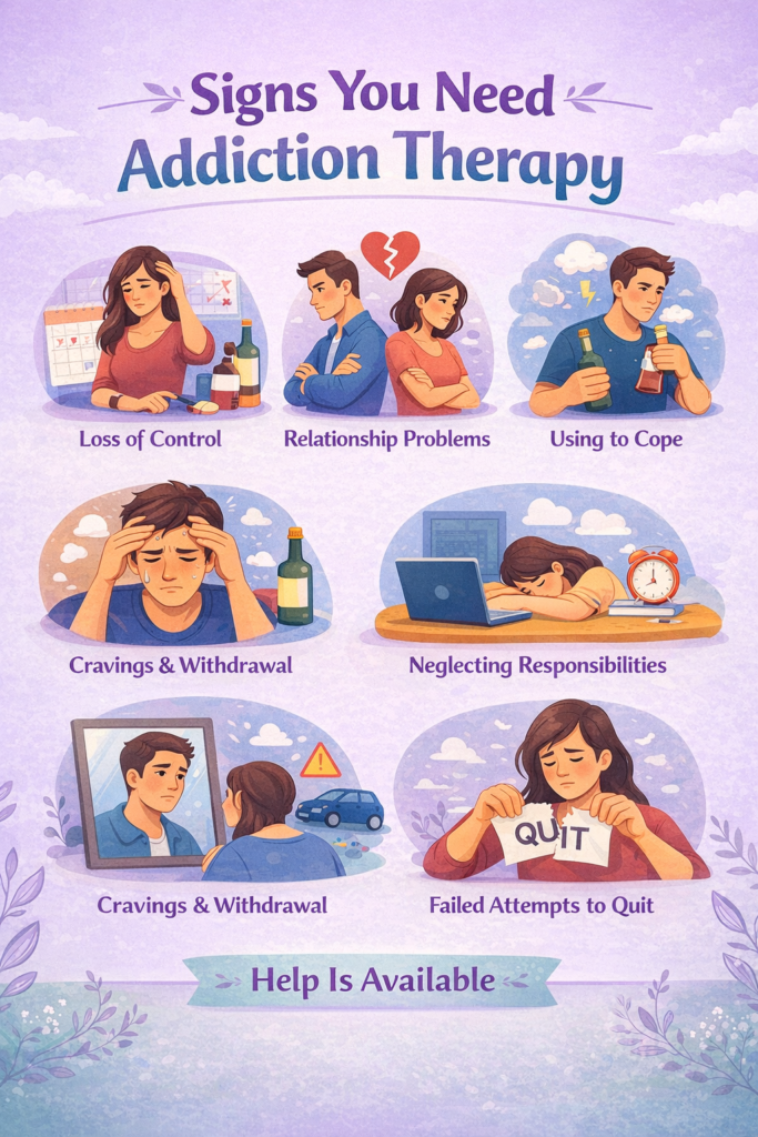 Illustrated list of warning signs that indicate someone may need addiction therapy
