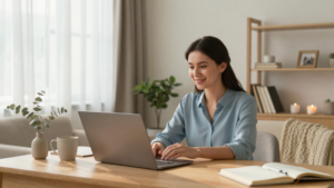 A client accessing low-cost online counseling through a remote video session on a laptop